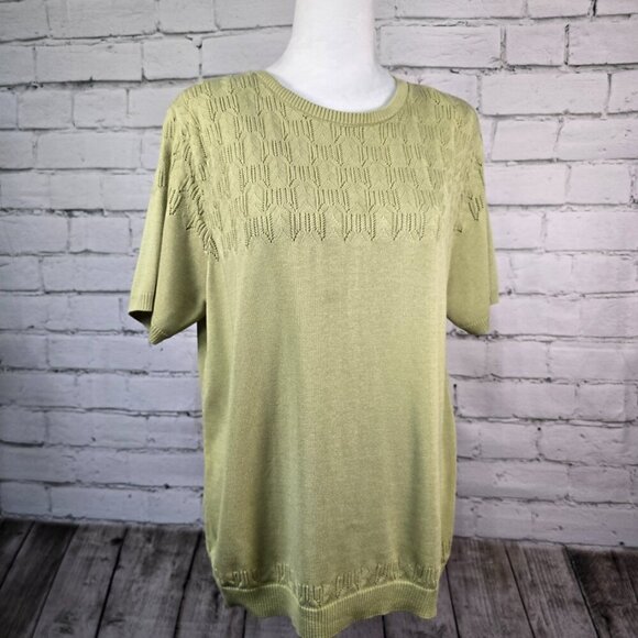 WOMENS ALFRED DUNNER SHORT SLEEVE CREW NECK SWEATER CELERY GREEN SIZE LARGE EUC - Picture 2 of 6